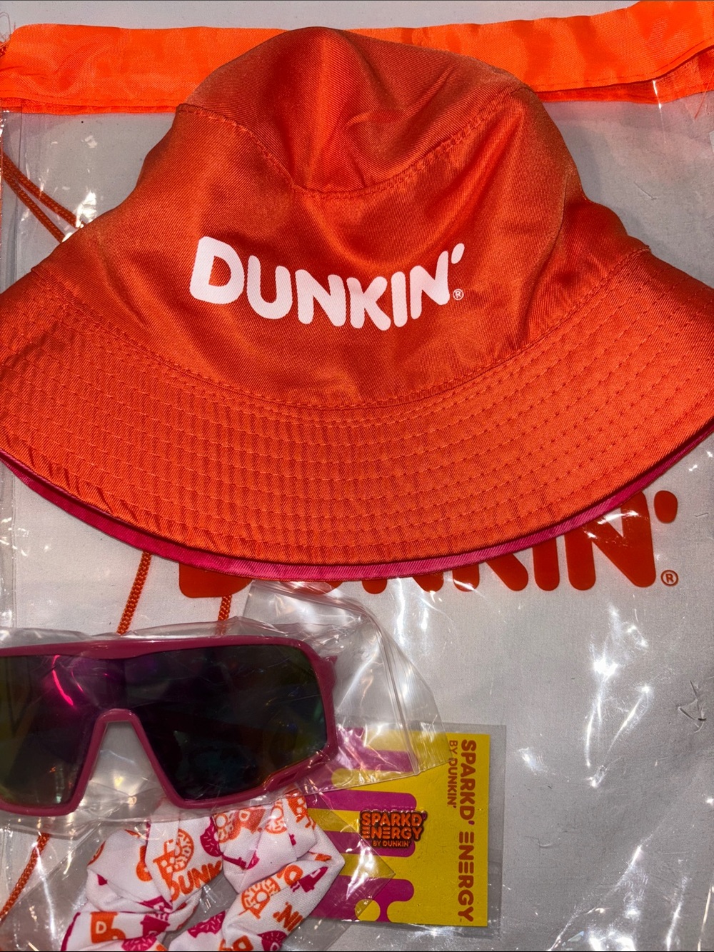 Dunkin' Pink & Orange Bucket Hat with Clear Logo Tote